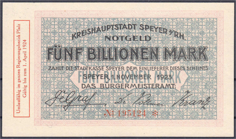 Banknoten

Deutsches Notgeld und KGL

Speyer (Pfalz)

Stadt, 5 Bio. Mark 1...