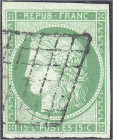 Briefmarken

Ausland

Frankreich

15 C. Ceres 1849, gelbgrün, sauber gestempelt, vollrandig, signiert. Mi. 1.200,-€. Michel 2.