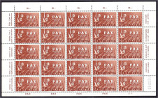 Briefmarken

Ausland

Schweiz

2 Fr. PAX 1945, kompletter 25er Bogen in postfrischer Erhaltung. Mi. 1.500,-€. Michel 456 (25x).