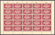 Briefmarken

Ausland

Schweiz

5 Fr. PAX 1945, kompletter 25er Bogen in postfrischer Erhaltung. Mi. 3.750,-€. Michel 458 (25x).