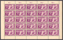 Briefmarken

Ausland

Schweiz

10 Fr. PAX 1945, kompletter 25er Bogen in postfrischer Erhaltung. Mi. 3.750,-€. Michel 459 (25x).