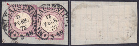 Briefmarken

Deutschland

Deutsches Reich

1/4 Groschen kleiner Brustschild 1872, zwei Werte sauber entwertet mit dem Hufeisenstempel von ,,MÜHL...