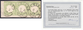 Briefmarken

Deutschland

Deutsches Reich

1/3 Groschen kleiner Brustschild 1872, waagerechter 3er-Streifen entwertet mit dem Hufeisenstempel vo...