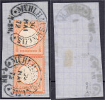 Briefmarken

Deutschland

Deutsches Reich

1/2 Groschen kleiner Brustschild 1872, senkrechtes Paar sauber entwertet mit dem Hufeisenstempel von ...