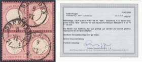 Briefmarken

Deutschland

Deutsches Reich

1 Groschen großer Brustschild 1872, gestempelter Viererblock, die Marken sind farbfrisch, sehr gut ge...
