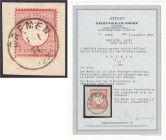 Briefmarken

Deutschland

Deutsches Reich

1 Gr. großer Brustschild 1872, traumhaft entwertet ,,BREMEN 1.1.74 . 12N" auf Briefstück, mit Platten...