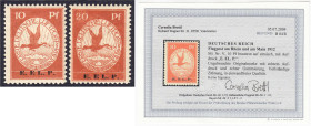 Briefmarken

Deutschland

Deutsches Reich

10 Pf. + 20 Pf. Flugpostmarken 1912, zwei Werte in ungebrauchter Erhaltung mit Falz, die 10 Pf. mit F...
