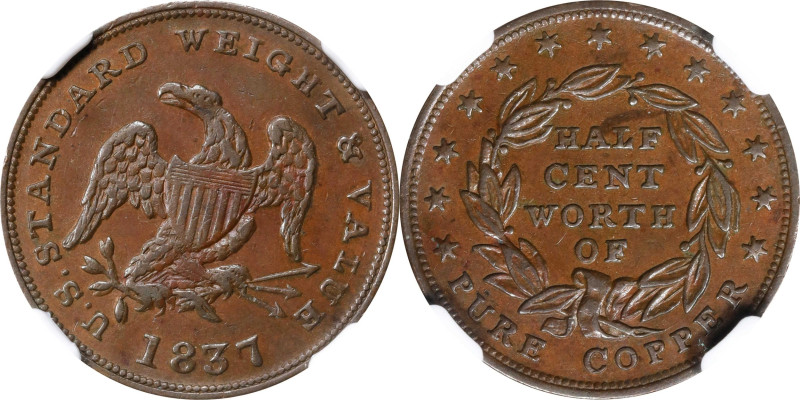 1837 Half Cent. HT-73, Low-49, W-11-710a. Rarity-1. Copper. Plain Edge. AU-58 BN...