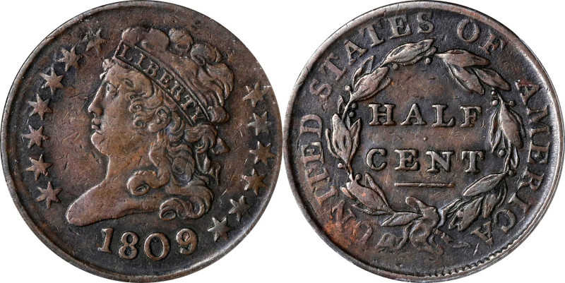 1809/'6' Classic Head Half Cent. C-5. Rarity-1. 9/Inverted 9. VF-35+ (ANACS).
P...