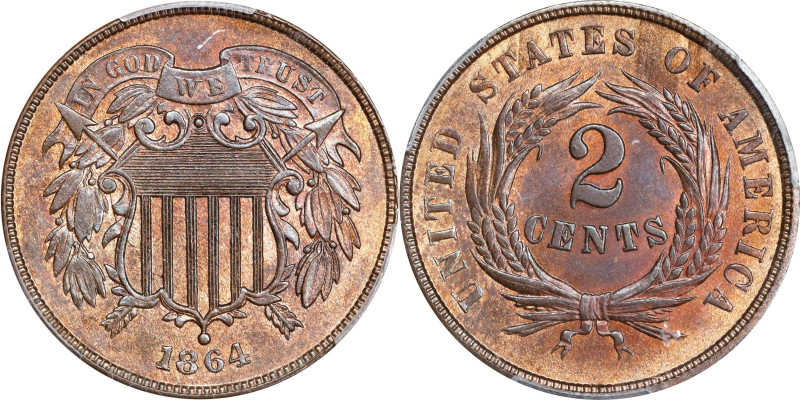 1864 Two-Cent Piece. Large Motto. MS-64 RB (PCGS). CAC.
PCGS# 3577. NGC ID: 22N...