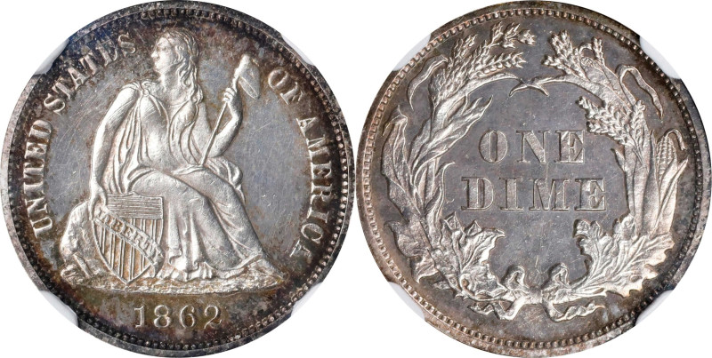 1862 Liberty Seated Dime. Proof-64 (NGC).
PCGS# 4755. NGC ID: 23CL.