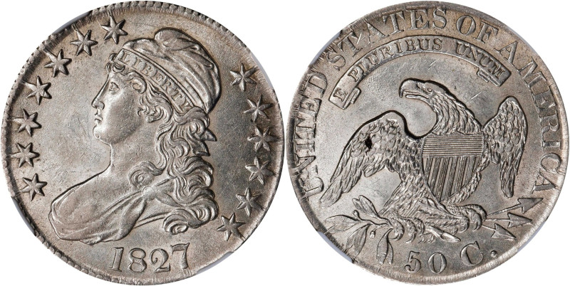 1827 Capped Bust Half Dollar. O-141. Rarity-3. Die State 141.1. Square Base 2. A...