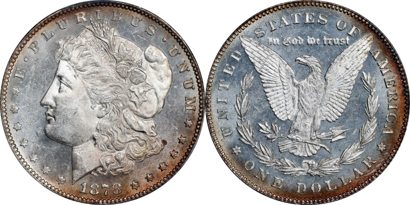 1878 Morgan Silver Dollar. 7 Tailfeathers. Reverse of 1878. MS-63 PL (PCGS).
PC...