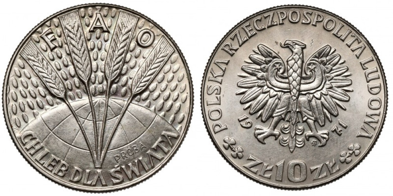 Próba CuNi 10 złotych 1971 FAO Kłosy Reference: Parchimowicz P.275.a
Grade: AU...