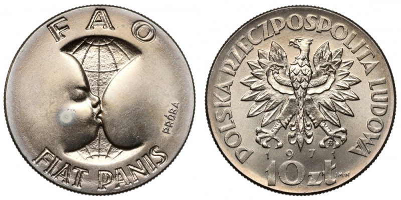 Próba CuNi 10 złotych 1971 FAO Fiat Panis Plamka nalotu na policzku. 
Reference...