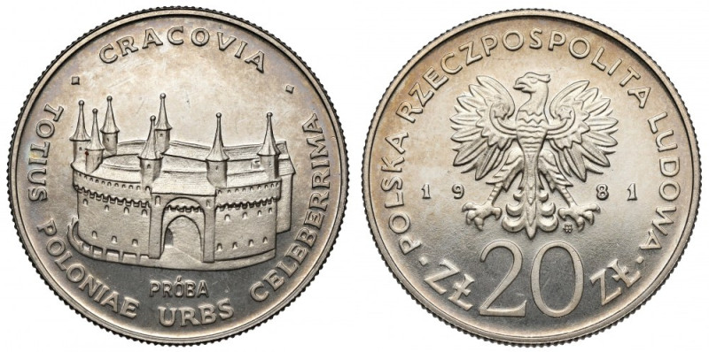 Próba CuNi 20 złotych 1981 Barbakan Pojedyncze ryski, w tym większa na awersie. ...