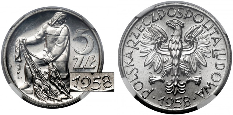 5 złotych 1958 Rybak - BAŁWANEK Wyselekcjonowany egzemplarz jednej z najbardziej...