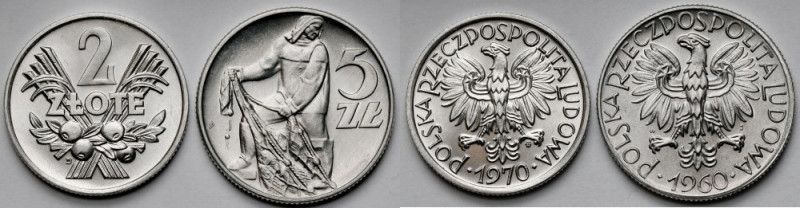 2 złote 1970 i 5 złotych 1960 - zestaw (2szt) Mennicze monety. Rybak z dwoma czę...