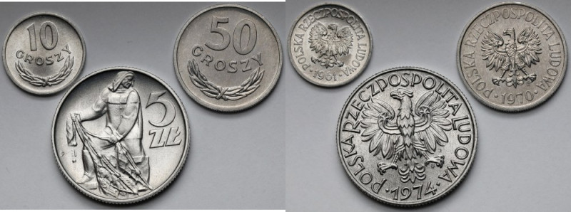 10, 50 groszy i 5 złotych 1961-1974 - zestaw (3szt) Mennicze.