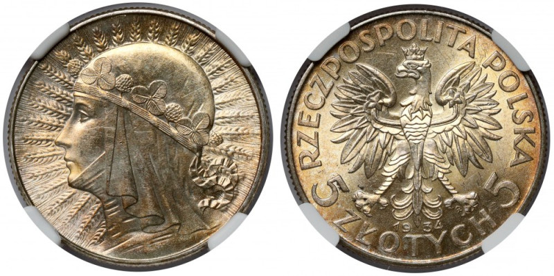 Głowa Kobiety 5 złotych 1934 Piękna moneta. 
Reference: Chałupski 2.24.4.a, Par...