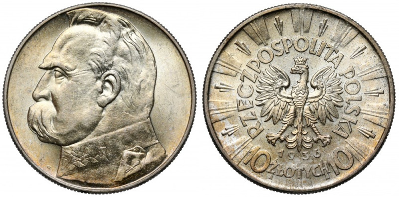 Piłsudski 10 złotych 1936 Piękna, jedynie z przetarciem na awersie.&nbsp; Refere...