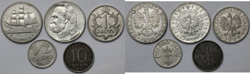 10 fenigów NBO, 1/2 guldena i 1-5 złotych 1917-1937 - zestaw (5szt) Ciekawszy ze...