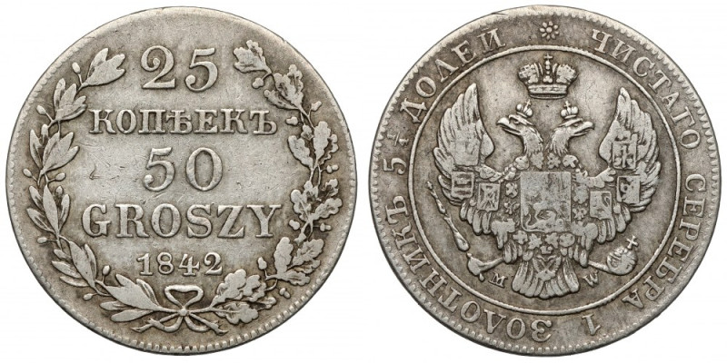 25 kopiejek = 50 groszy 1842 MW, Warszawa - rzadkie Rzadki, pierwszy rocznik bic...