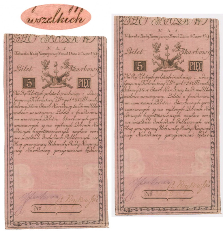 5 złotych 1794 - N.A 1. - poprawnie 'wszelkich' - RZADKOŚĆ Banknot szczegółowo o...