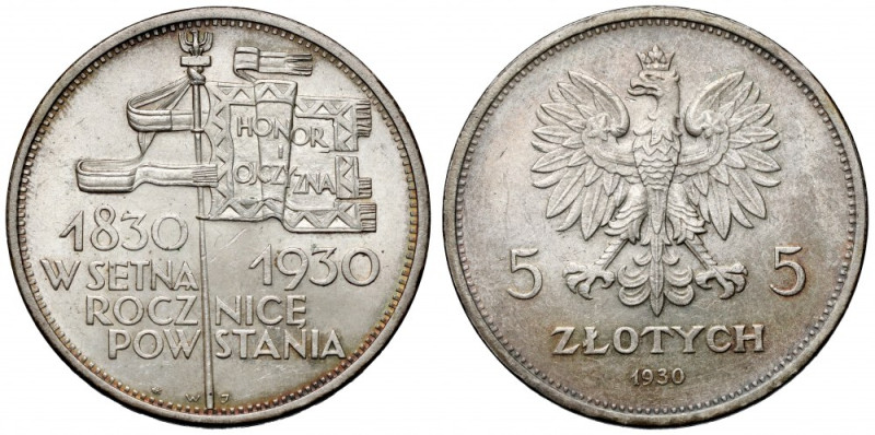 Sztandar 5 złotych 1930 - piękny Piękny, naturalnie menniczy egzemplarz. Zegarow...