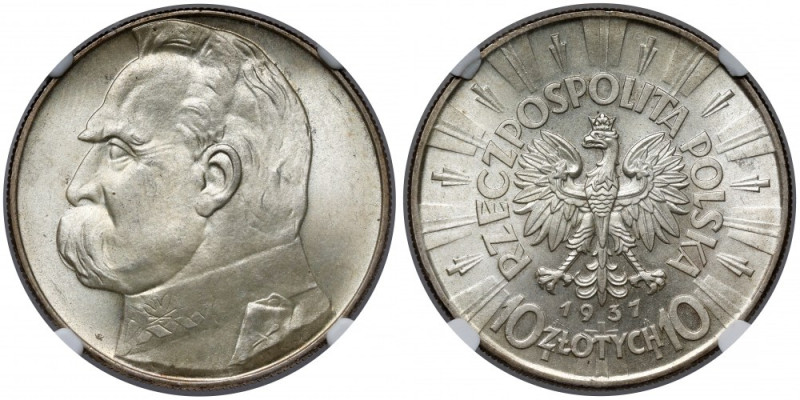 Piłsudski 10 złotych 1937 - piękne Rzadszy rocznik. Trudny do zdobycia w tak pię...