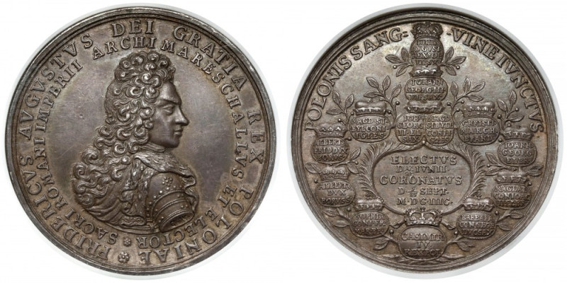 August II Mocny, Medal koronacyjny 1697 'z Polakami krwią połączony' - b. rzadki...