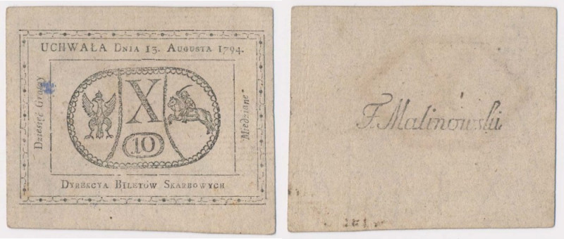 10 groszy 1794 Na awersie plamka z atramentu. Ładny, dość świeży. Reference: Mił...