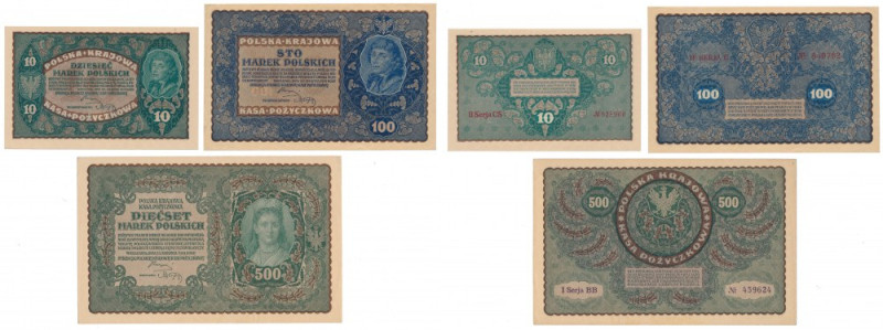 Zestaw 10, 100 i 500 mkp 1919 (3szt) 10 mkp st.1, pozostałe banknoty st.1-.&nbsp...