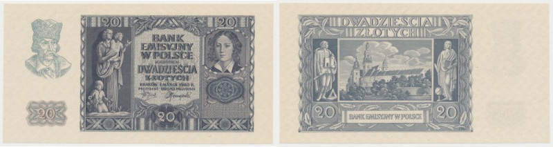 20 złotych 1940 - bez poddruku, serii i numeru Papier właściwy, ze znakiem wodny...