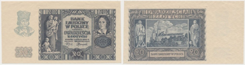 20 złotych 1940 - bez poddruku, serii i numeru Papier właściwy, ze znakiem wodny...