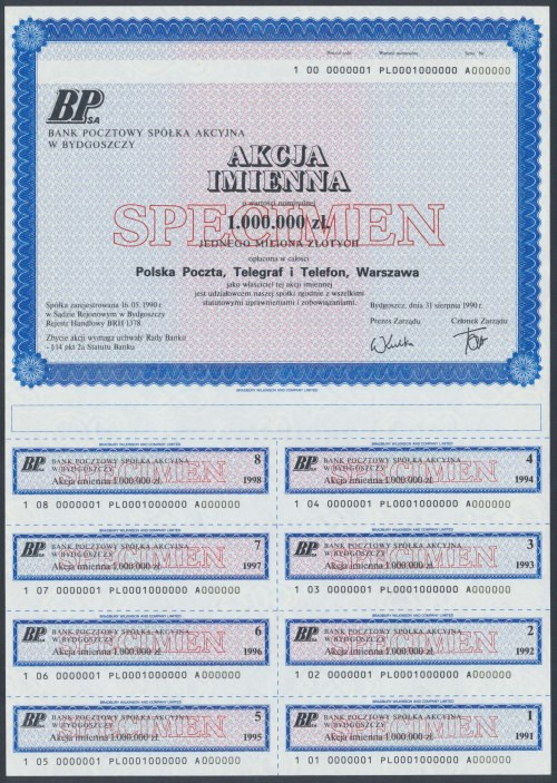 Bank Pocztowy Sp. Akc. w Bydgoszczy, 1 mln zł 1990 - SPECIMEN Wymiary: 21 x 29.5...