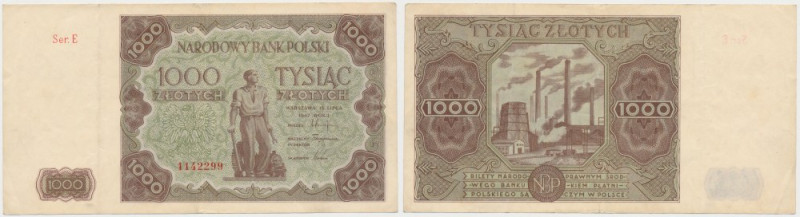 1.000 złotych 1947 Ser.E (duża litera) Bardzo ładny, 'rzęski'. Papiery święży, '...