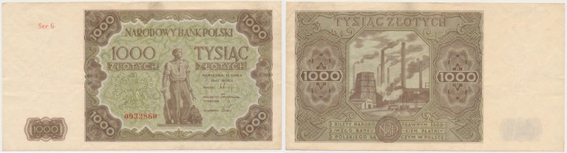 1.000 złotych 1947 Ser.G (mała litera) Bardzo ładny.&nbsp; Reference: Miłczak 13...