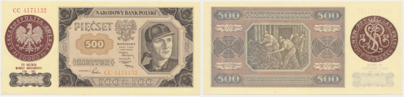 500 złotych 1948 - CC - z nadrukiem 225 lat Mennicy Warszawskiej Drobne nagniotk...