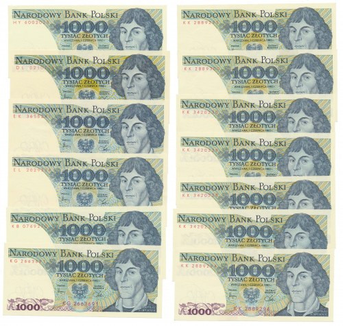 1.000 zł 1982 - MIX serii (13szt) 3 szt. (EK, HY, KK) w st.2+, 2 szt. (EL, KK) w...