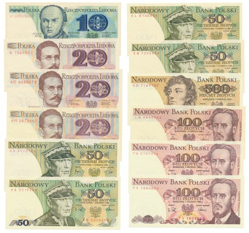 Zestaw 10 - 500 zł 1982-1988 (12szt) Banknoty w stanach emisyjnych, większość be...