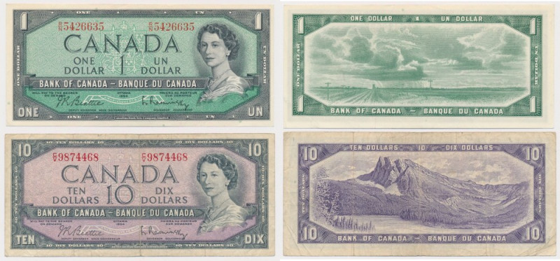 Canada, 1 & 10 Dollars 1954 (2pcs) 
Grade: 2, 4+/F+