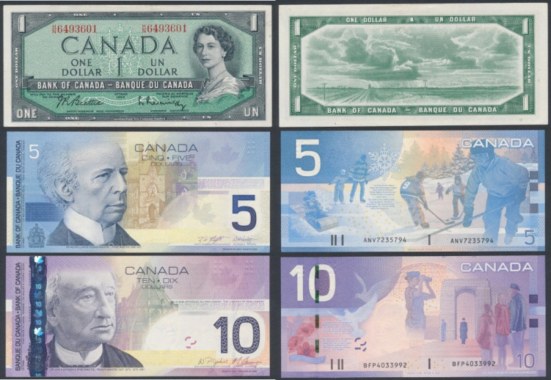 Kanada, 1, 5 & 10 Dollars 1954-2005 (3pcs) 1 dollar st.2+; 5 dollars st.1/1-; 10...