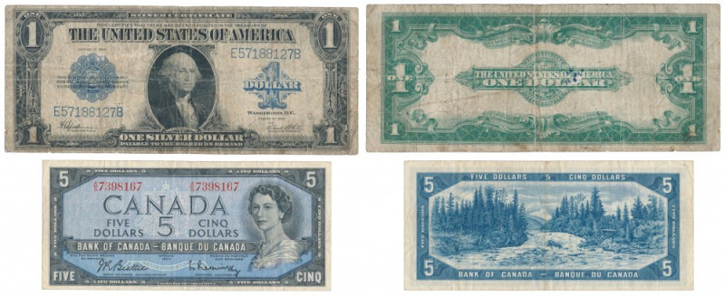 USA, 1 Dollar 1923 & Kanada, 5 Dollars 1954 (2pcs) 
Grade: 5+, 3