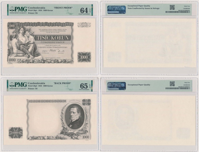 Czechoslovakia, FRONT & BLACK PROOFS 1.000 Korun 1934 (2pcs) Czarno-białe próby ...