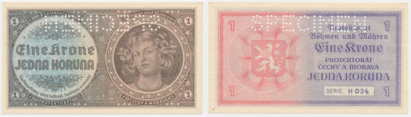 Bohemia and Moravia, SPECIMEN 1 Koruna (1940) Odcisk po spinaczu na lewym margin...