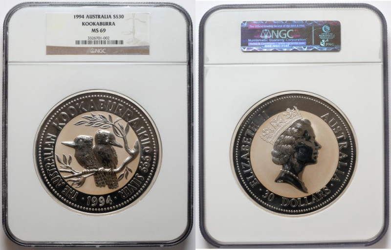 Australia, 30 $ 1994 Kookaburra - KILOGRAM srebra 1 kg Ag.999 
Grade: NGC MS69