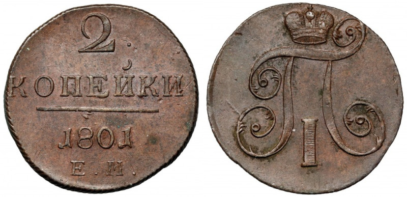 Rosja, Paweł I, 2 kopiejki 1801 Ładne. 
Reference: Bitkin 118
Grade: XF