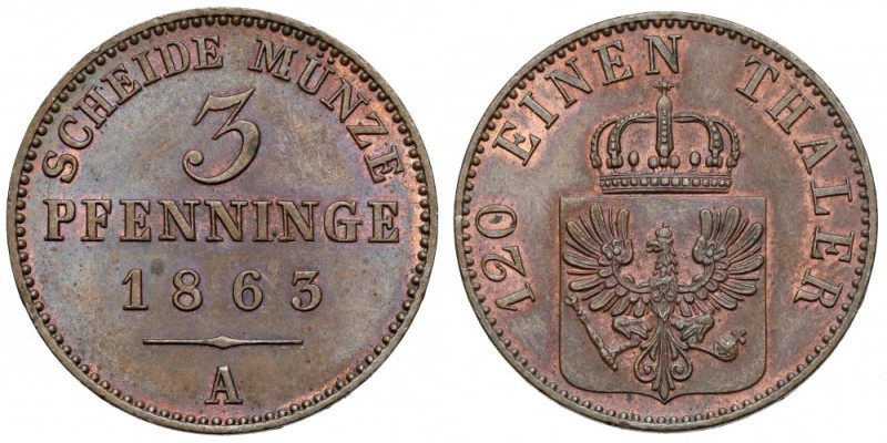 Prusy, 3 fenigi 1863-A, Berlin 
Grade: XF+