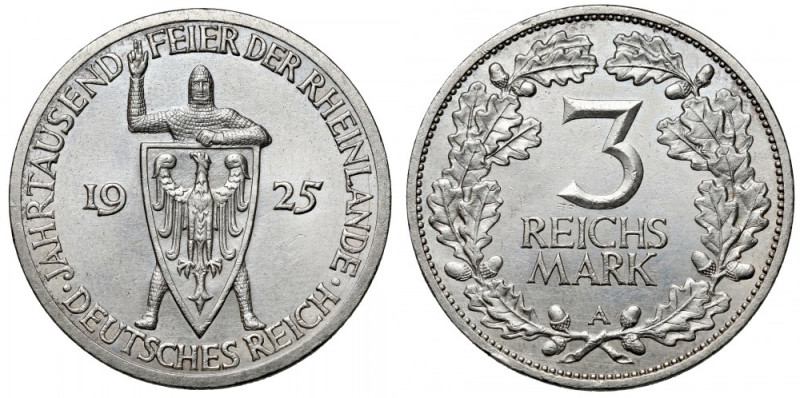 Weimar, 3 marki 1925-A - Nadrenia Reference: Jaeger 321
Grade: XF+